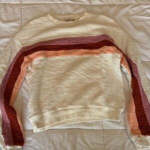 Faherty Cream Crewneck Sweater with Pink and Rust Stripes